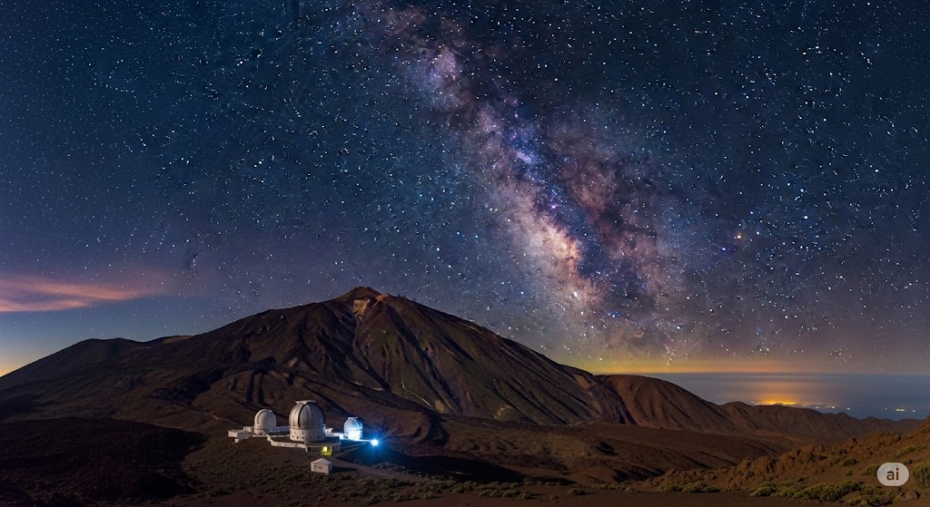 Cielo estrellado nocturno sobre el Pico del Teide en Tenerife, mostrando la Vía Láctea y condiciones perfectas para observación astronómica